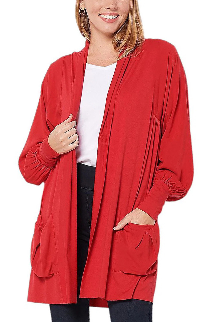 Truth + Style Mix Media Cardigan with Smocked Sleeves Deep Red - Regular
